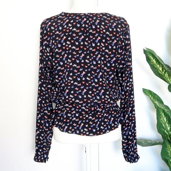 Rails Black Butterfly Print V-neck Button Front Waist Tie Peplum Blouse Top M - Picture 10 of 14
